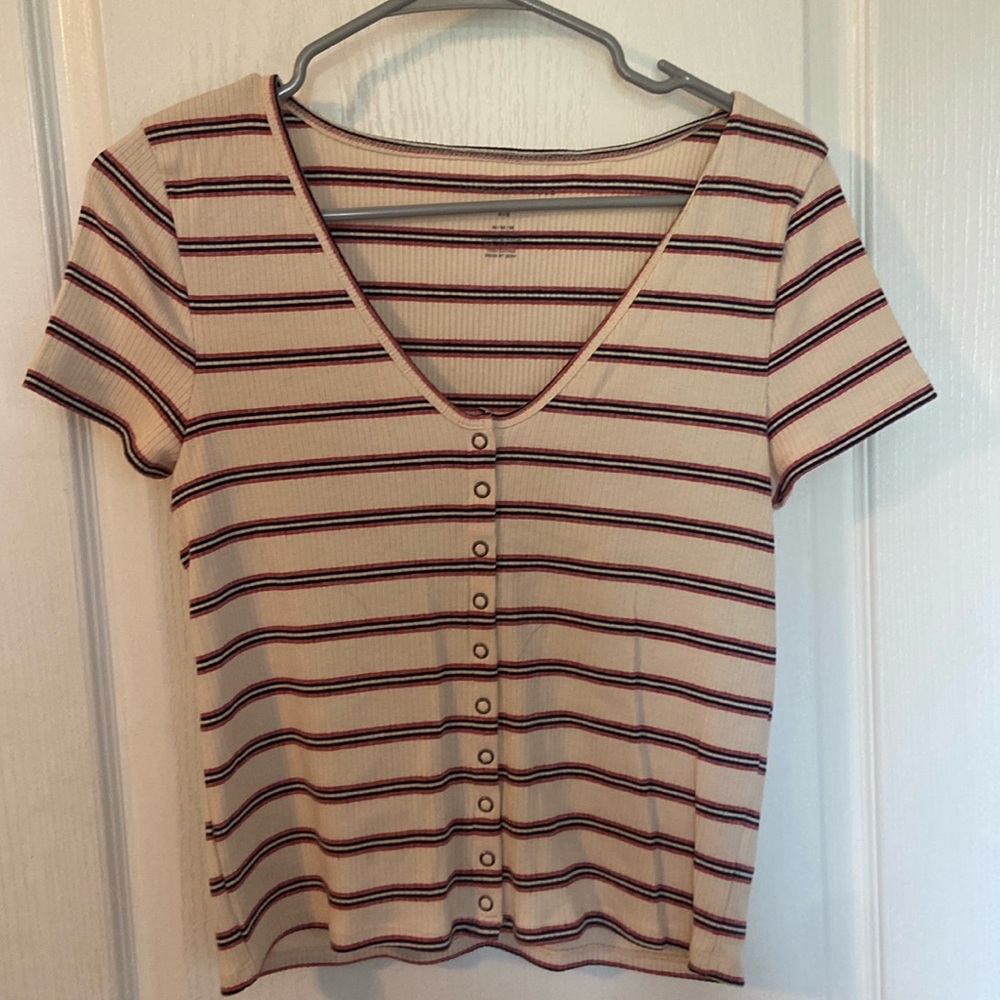 T Shirt, color: cream with red and blue stripes, size: M